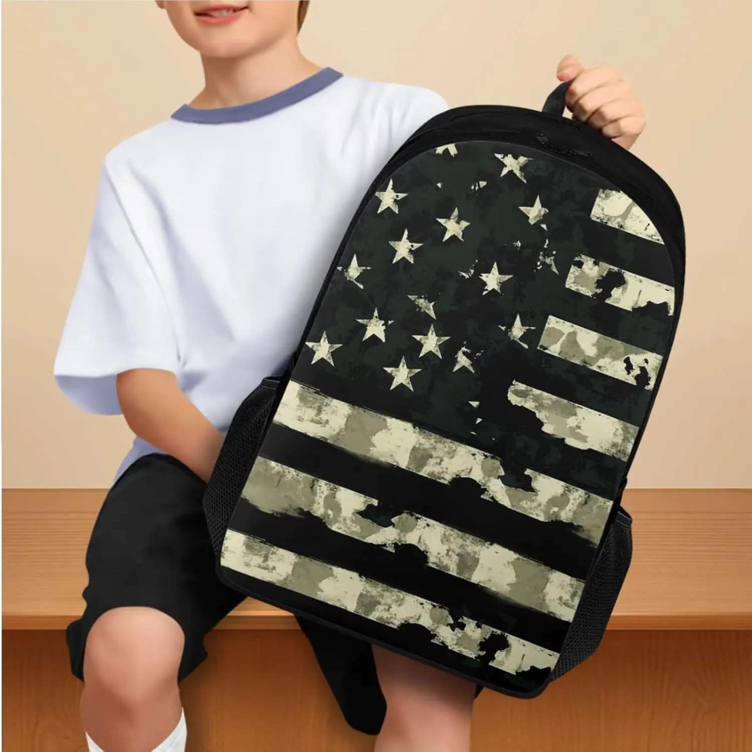doginthehole Green Camo Backpack for Kids Camouflage American Flag Bookbag and Lunch Box Set 3 Piece Large Capacity School Bag for Boys 8-12 for Elementary School Casual Hiking Daypacks