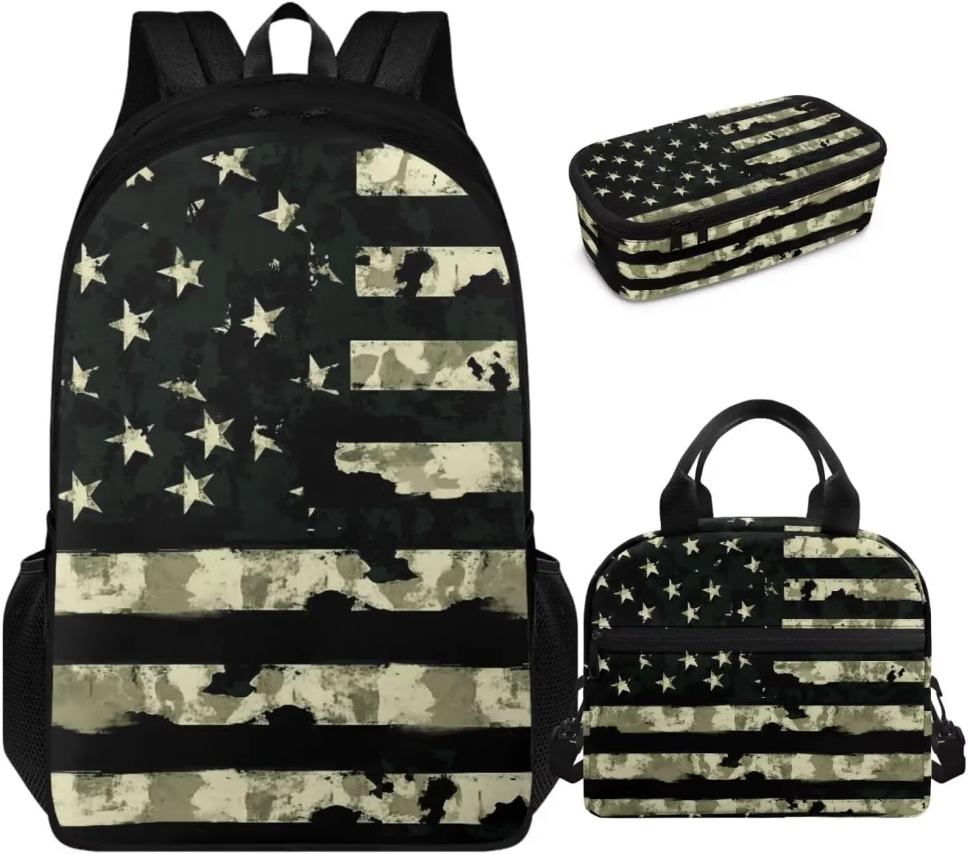doginthehole Green Camo Backpack for Kids Camouflage American Flag Bookbag and Lunch Box Set 3 Piece Large Capacity School Bag for Boys 8-12 for Elementary School Casual Hiking Daypacks