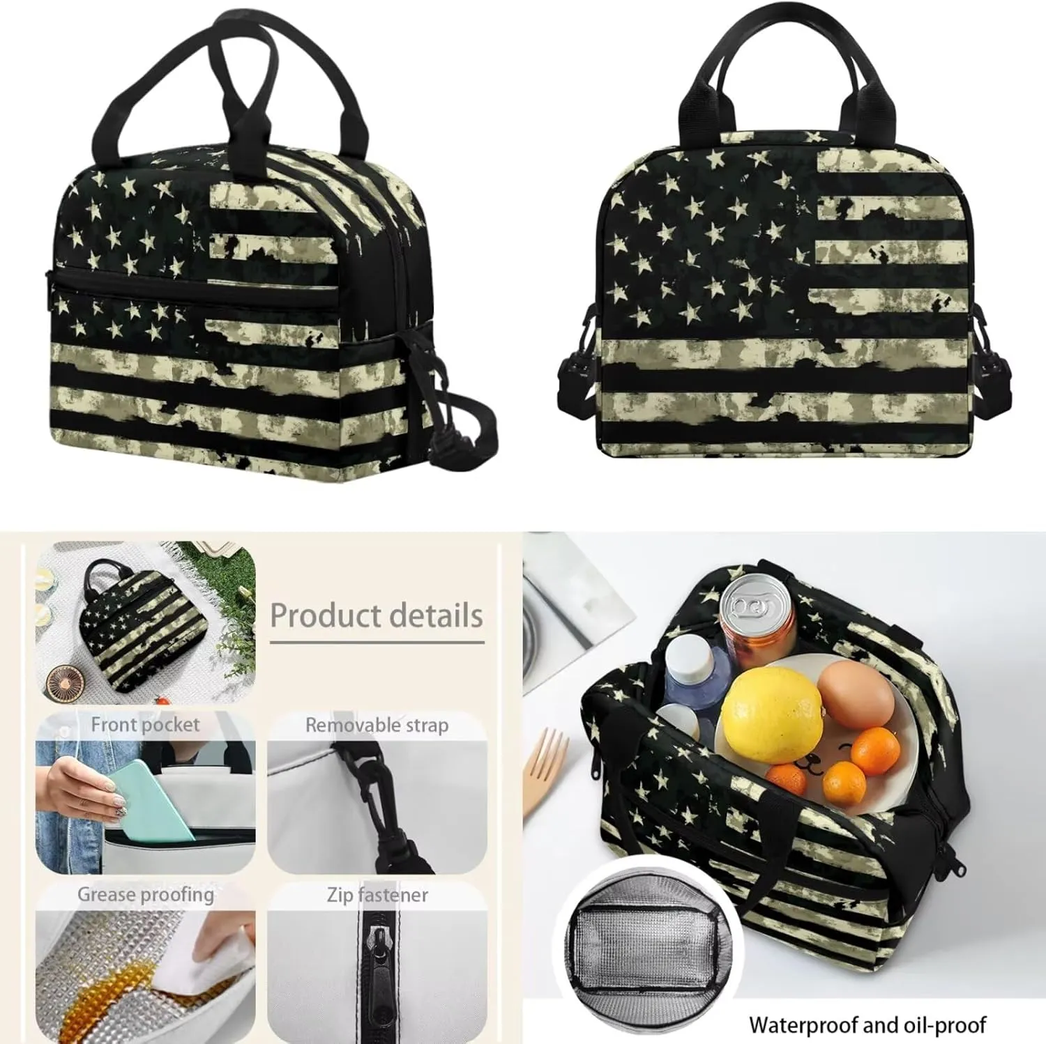 doginthehole Green Camo Backpack for Kids Camouflage American Flag Bookbag and Lunch Box Set 3 Piece Large Capacity School Bag for Boys 8-12 for Elementary School Casual Hiking Daypacks