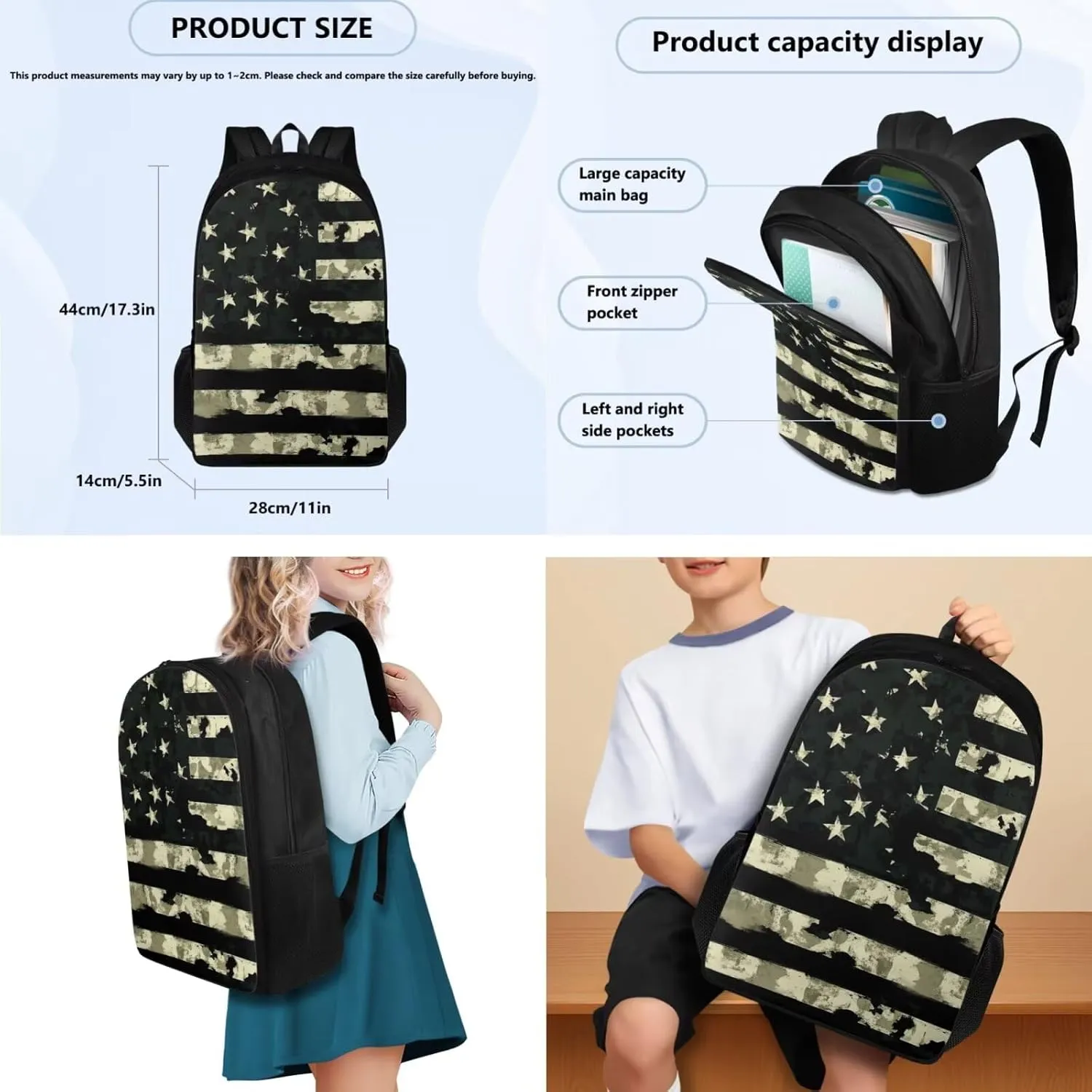 doginthehole Green Camo Backpack for Kids Camouflage American Flag Bookbag and Lunch Box Set 3 Piece Large Capacity School Bag for Boys 8-12 for Elementary School Casual Hiking Daypacks