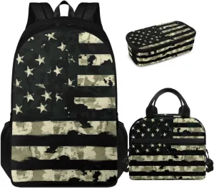 doginthehole Green Camo Backpack for Kids Camouflage American Flag Bookbag and Lunch Box Set 3 Piece Large Capacity School Bag for Boys 8-12 for Elementary School Casual Hiking Daypacks