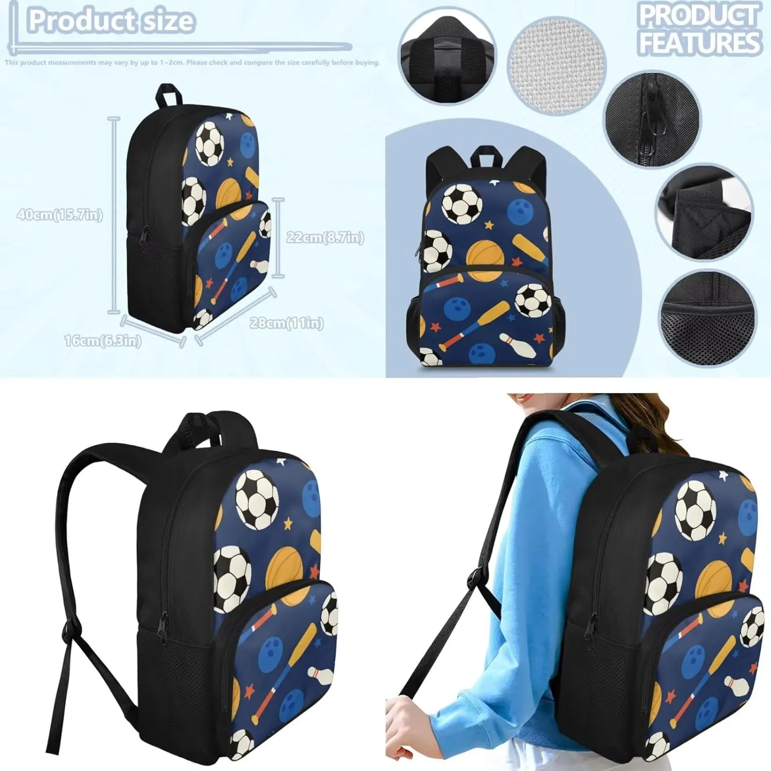 doginthehole Soccer Backpack for Boys 6-8 Lightweight Bookbag for Boys with Lunch Box 3pcs Basketball Baseball Print Boys School Bag Set for Preschool Elementary School Casual Travel Book Bags