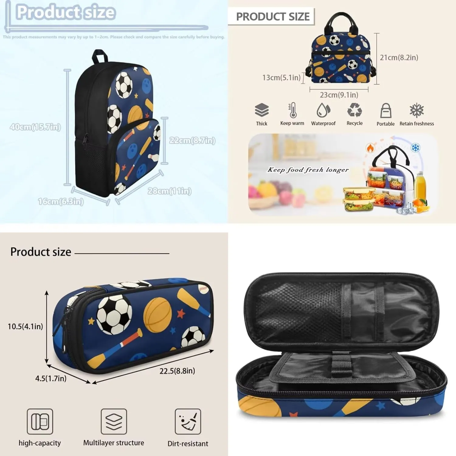 doginthehole Soccer Backpack for Boys 6-8 Lightweight Bookbag for Boys with Lunch Box 3pcs Basketball Baseball Print Boys School Bag Set for Preschool Elementary School Casual Travel Book Bags