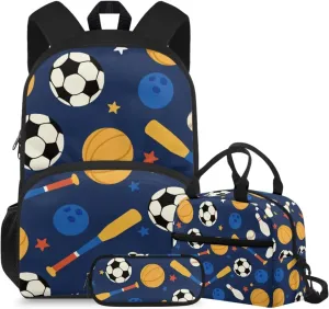 doginthehole Soccer Backpack for Boys 6-8 Lightweight Bookbag for Boys with Lunch Box 3pcs Basketball Baseball Print Boys School Bag Set for Preschool Elementary School Casual Travel Book Bags