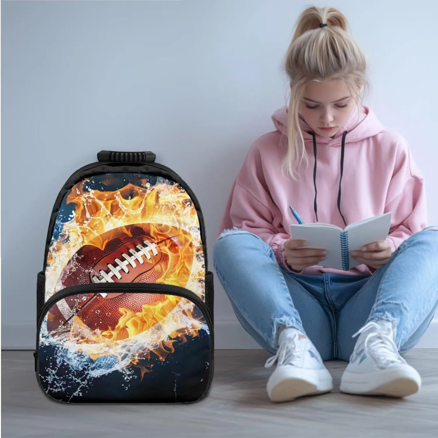 doginthehole Water and Fire Football Backpack for Boys 8-12 Burning Rugby Kids Bookbag and Lunch Box Set Boys 3pcs Large Capacity Boys School Backpack Set for Elementary Middle School
