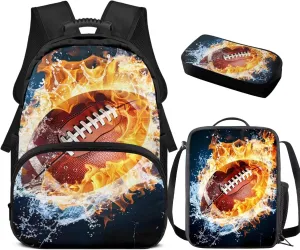 doginthehole Water and Fire Football Backpack for Boys 8-12 Burning Rugby Kids Bookbag and Lunch Box Set Boys 3pcs Large Capacity Boys School Backpack Set for Elementary Middle School