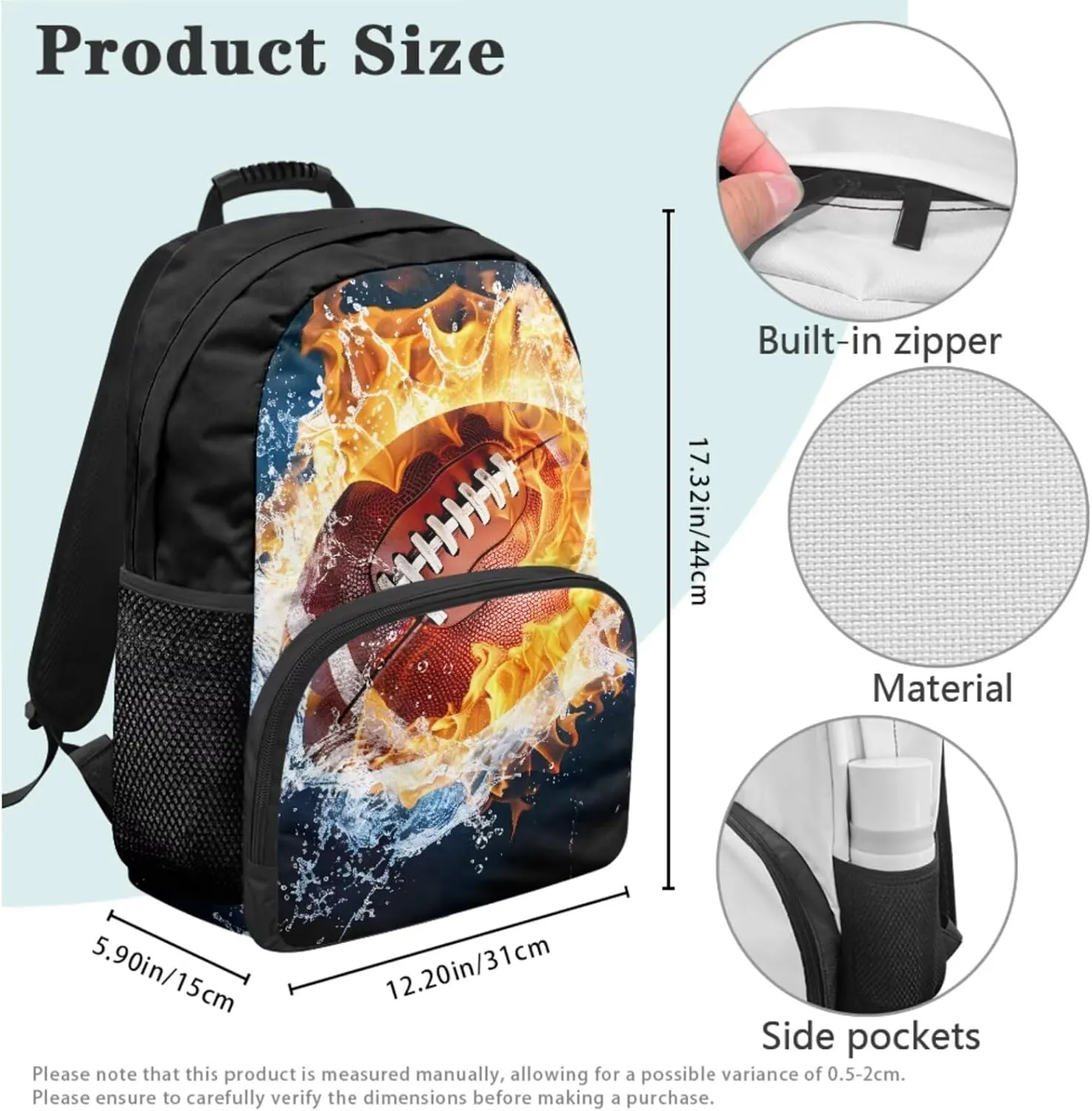 doginthehole Water and Fire Football Backpack for Boys 8-12 Burning Rugby Kids Bookbag and Lunch Box Set Boys 3pcs Large Capacity Boys School Backpack Set for Elementary Middle School