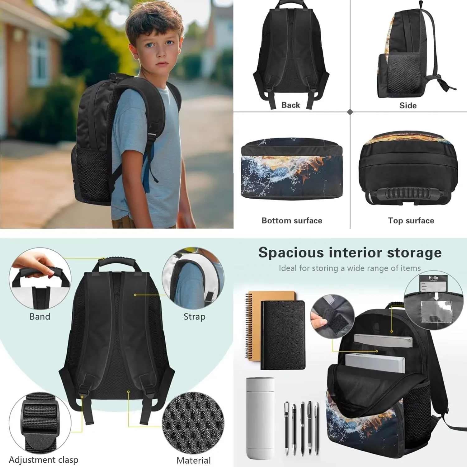 doginthehole Water and Fire Football Backpack for Boys 8-12 Burning Rugby Kids Bookbag and Lunch Box Set Boys 3pcs Large Capacity Boys School Backpack Set for Elementary Middle School