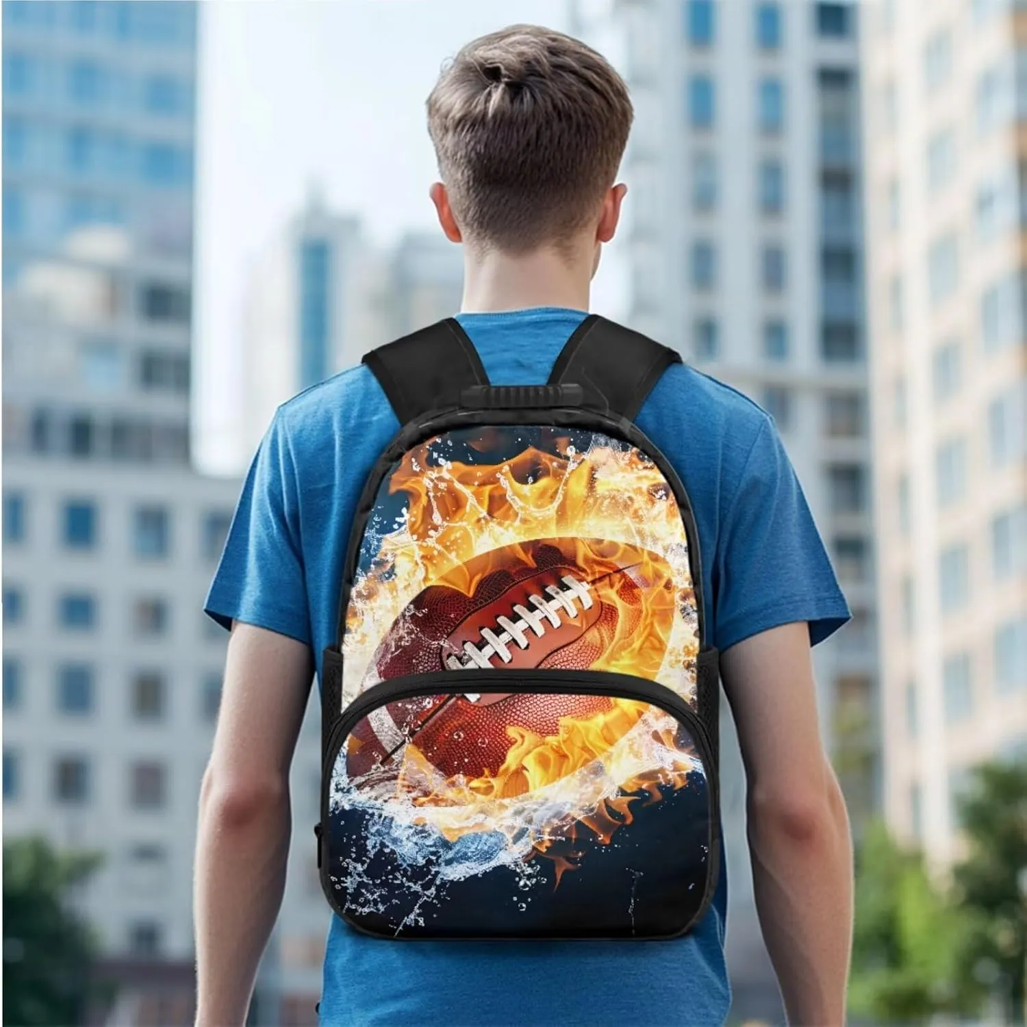 doginthehole Water and Fire Football Backpack for Boys 8-12 Burning Rugby Kids Bookbag and Lunch Box Set Boys 3pcs Large Capacity Boys School Backpack Set for Elementary Middle School