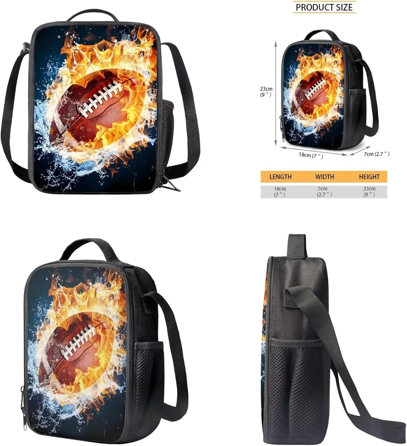 doginthehole Water and Fire Football Backpack for Boys 8-12 Burning Rugby Kids Bookbag and Lunch Box Set Boys 3pcs Large Capacity Boys School Backpack Set for Elementary Middle School