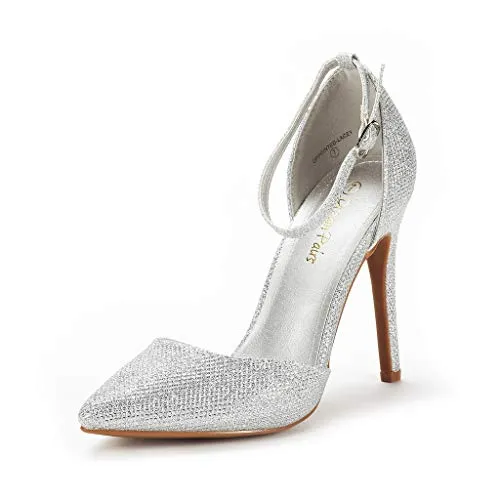 DREAM PAIRS Women's Silver Glitter High Heel Pointed Toe Stiletto Ankle Strap Dress Pumps Shoes Size 5 M US Hollyn-1