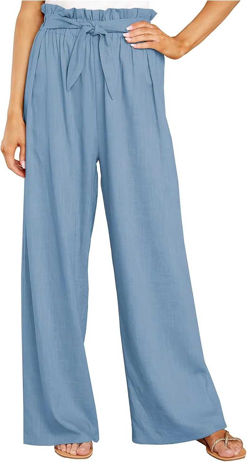 ebossy Women's High Waist Cotton Linen Pants Straight Leg Self-Belt Palazzo Lounge Trousers