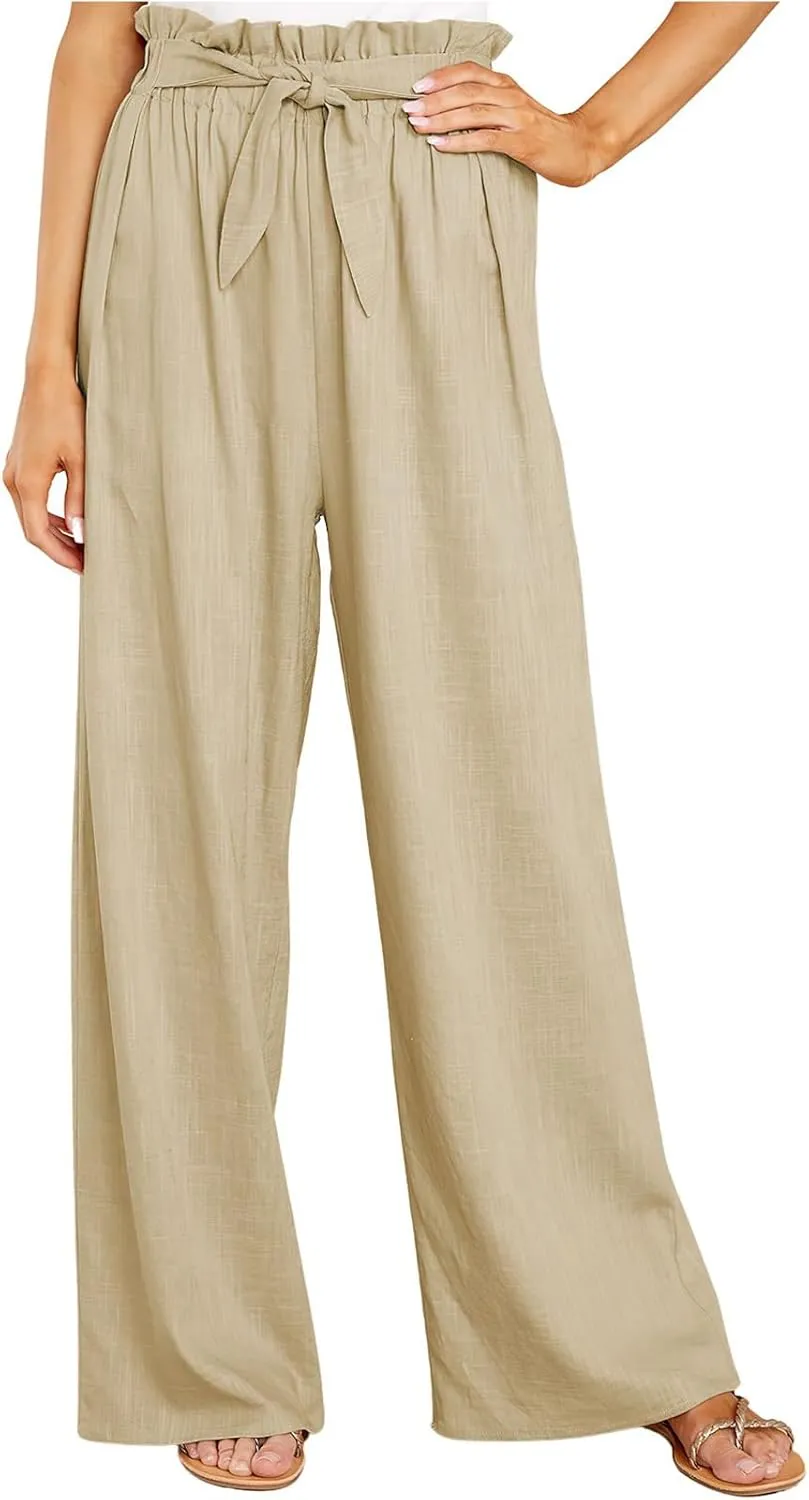 ebossy Women's High Waist Cotton Linen Pants Straight Leg Self-Belt Palazzo Lounge Trousers