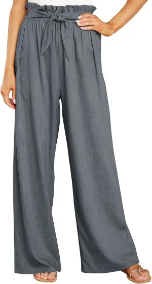 ebossy Women's High Waist Cotton Linen Pants Straight Leg Self-Belt Palazzo Lounge Trousers