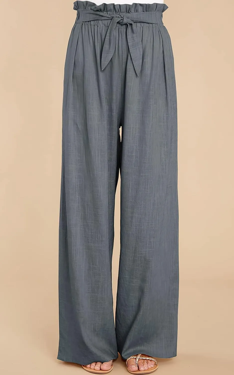 ebossy Women's High Waist Cotton Linen Pants Straight Leg Self-Belt Palazzo Lounge Trousers