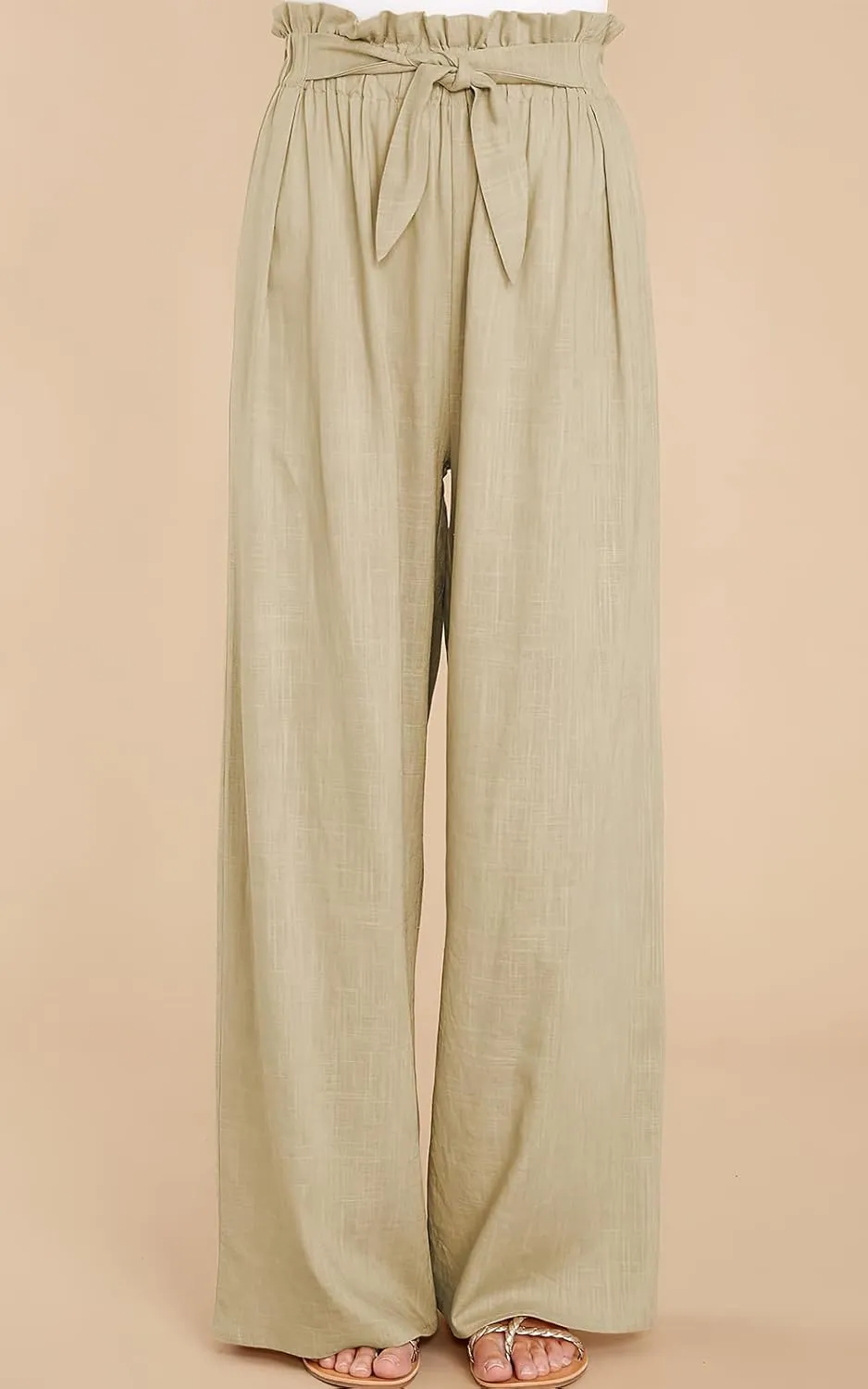 ebossy Women's High Waist Cotton Linen Pants Straight Leg Self-Belt Palazzo Lounge Trousers