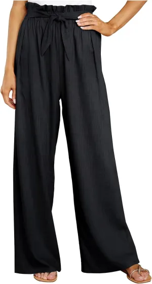 ebossy Women's High Waist Cotton Linen Pants Straight Leg Self-Belt Palazzo Lounge Trousers