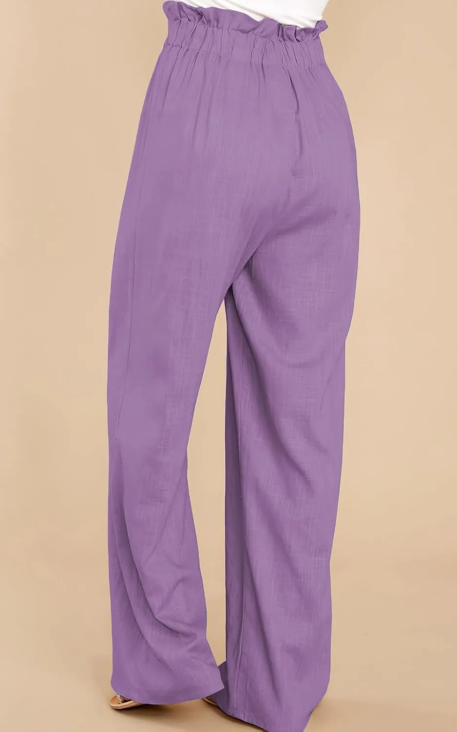 ebossy Women's High Waist Cotton Linen Pants Straight Leg Self-Belt Palazzo Lounge Trousers