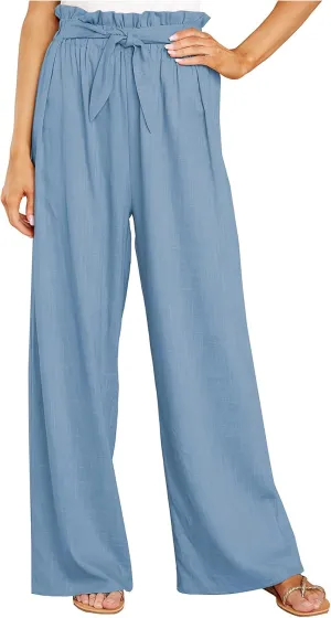 ebossy Women's High Waist Cotton Linen Pants Straight Leg Self-Belt Palazzo Lounge Trousers