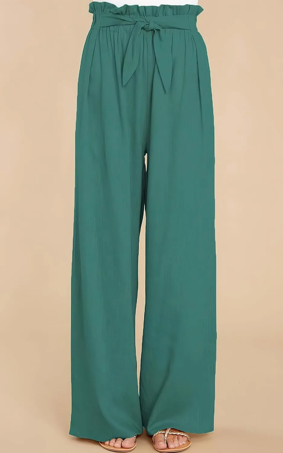 ebossy Women's High Waist Cotton Linen Pants Straight Leg Self-Belt Palazzo Lounge Trousers