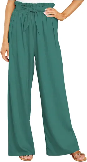 ebossy Women's High Waist Cotton Linen Pants Straight Leg Self-Belt Palazzo Lounge Trousers
