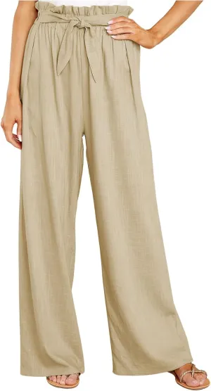 ebossy Women's High Waist Cotton Linen Pants Straight Leg Self-Belt Palazzo Lounge Trousers