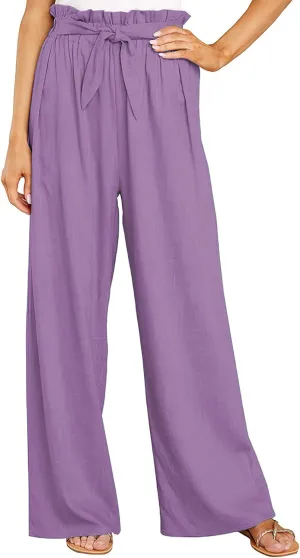 ebossy Women's High Waist Cotton Linen Pants Straight Leg Self-Belt Palazzo Lounge Trousers