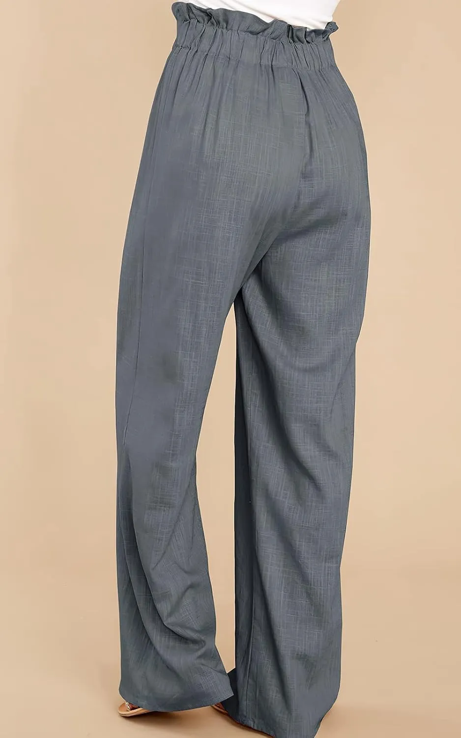 ebossy Women's High Waist Cotton Linen Pants Straight Leg Self-Belt Palazzo Lounge Trousers