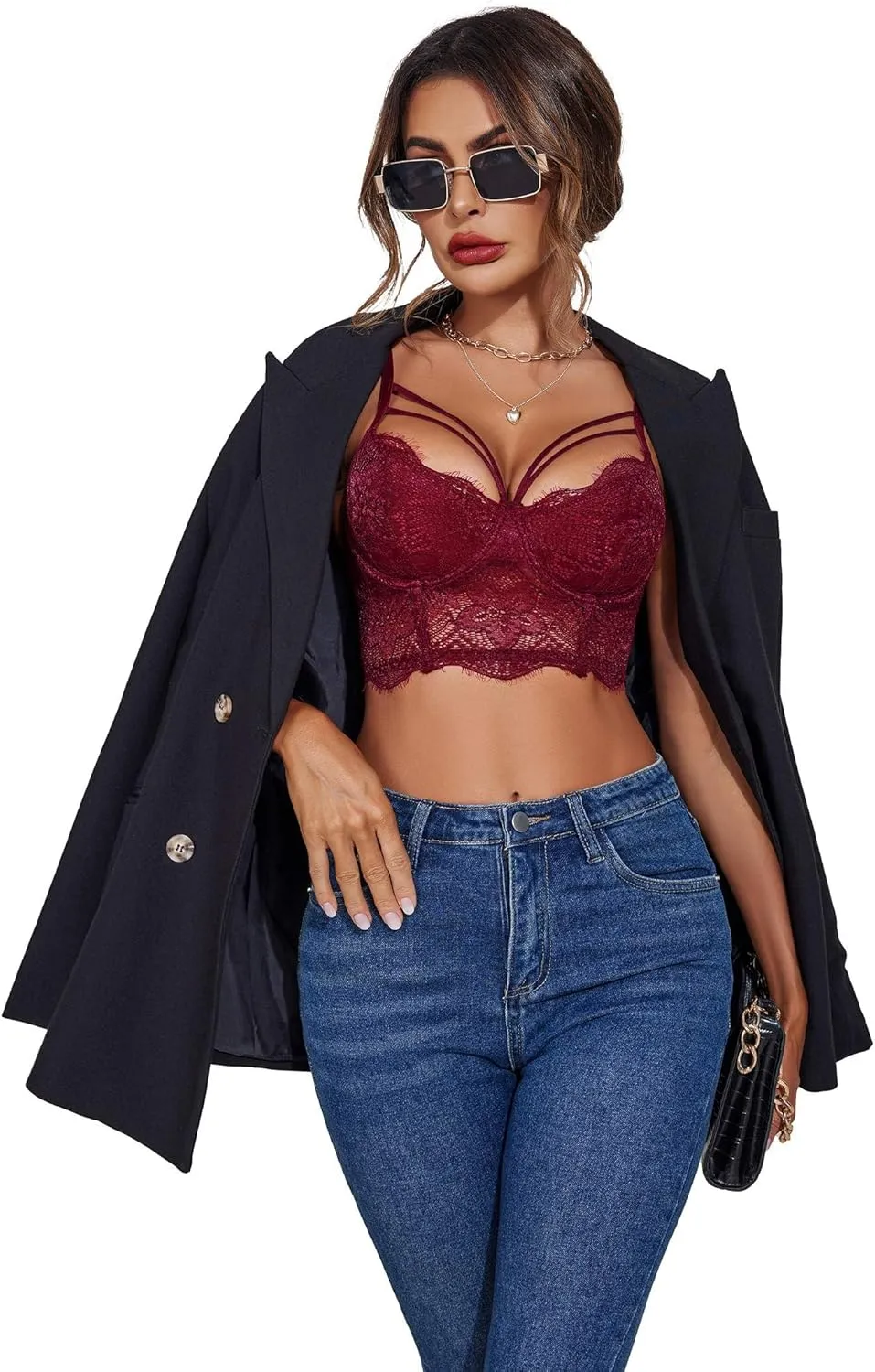 ELESOL Lace Bralette for Women V Neck Camisoles Adjustable Strap Two Layer Crop Top Bustier Tops Camisoles & Tanks