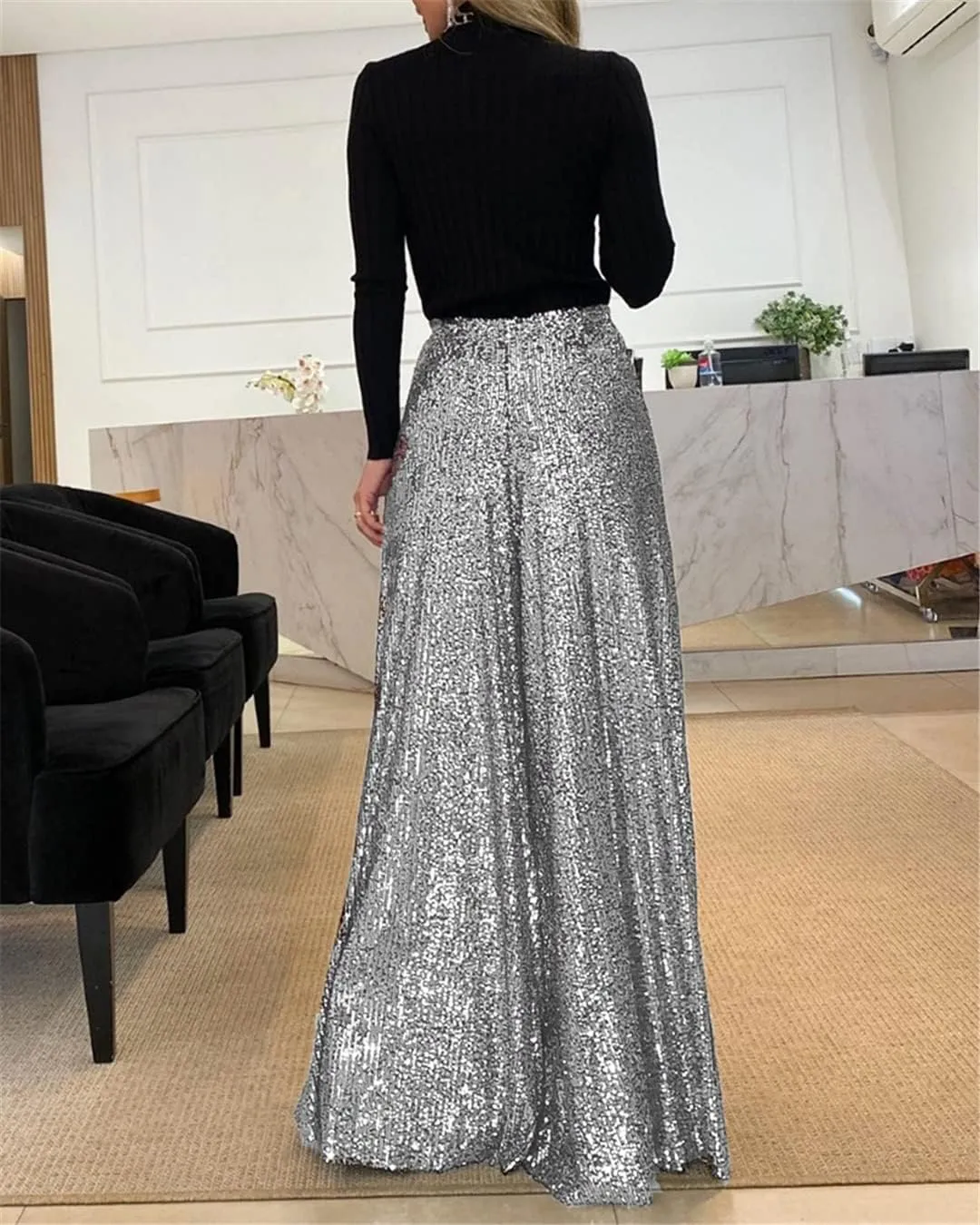 ERFMFKL Women's Sequin Wide Leg Pants High Waist Street Party Trousers