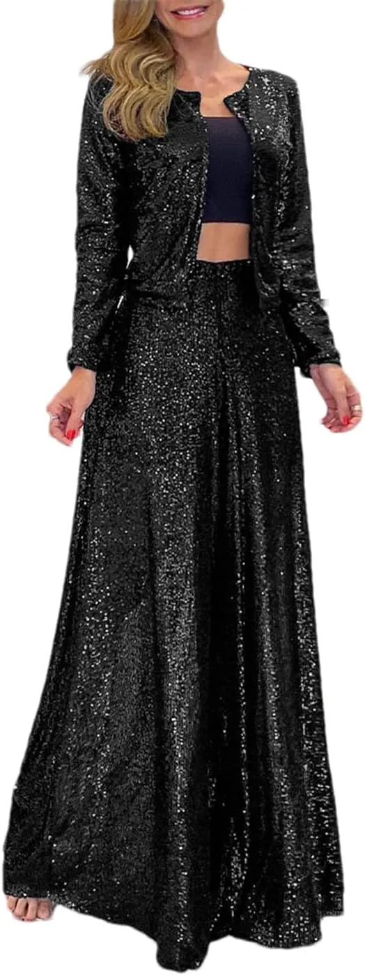 ERFMFKL Women's Sequin Wide Leg Pants High Waist Street Party Trousers