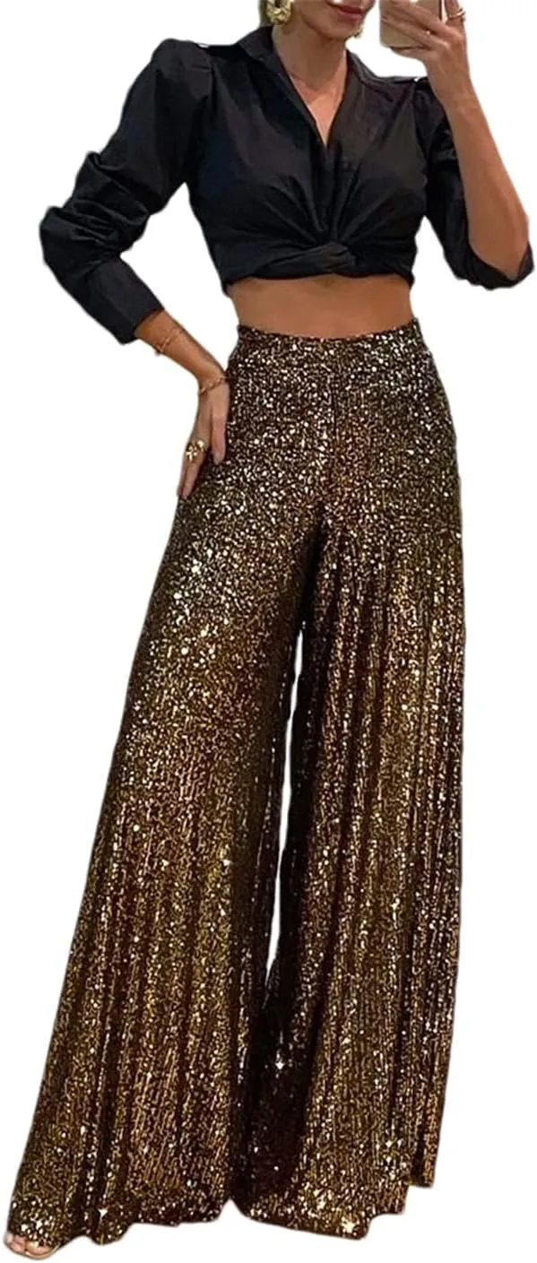 ERFMFKL Women's Sequin Wide Leg Pants High Waist Street Party Trousers