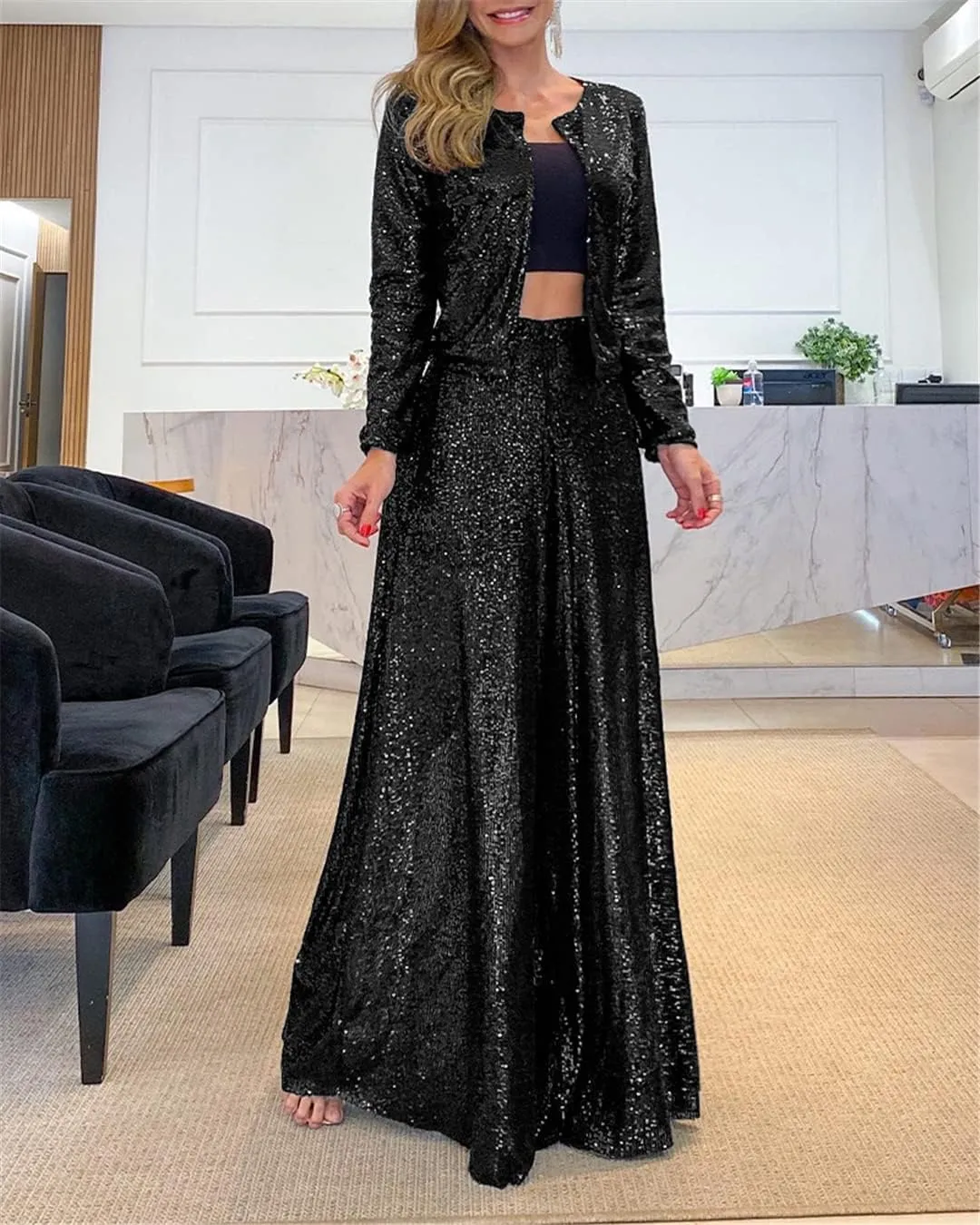 ERFMFKL Women's Sequin Wide Leg Pants High Waist Street Party Trousers