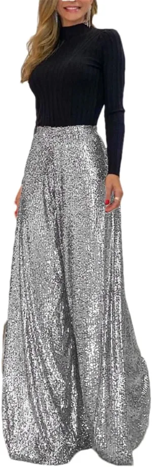 ERFMFKL Women's Sequin Wide Leg Pants High Waist Street Party Trousers