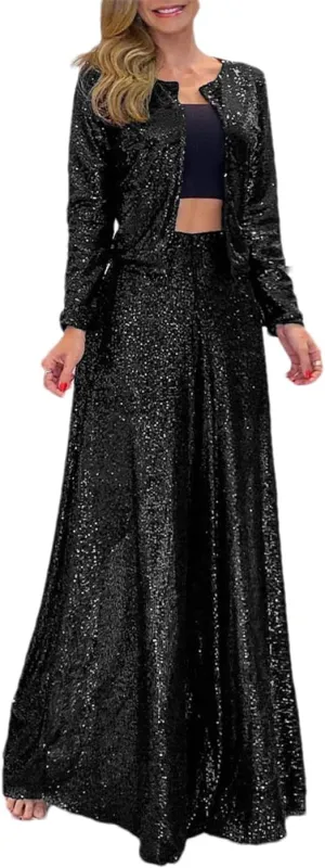 ERFMFKL Women's Sequin Wide Leg Pants High Waist Street Party Trousers