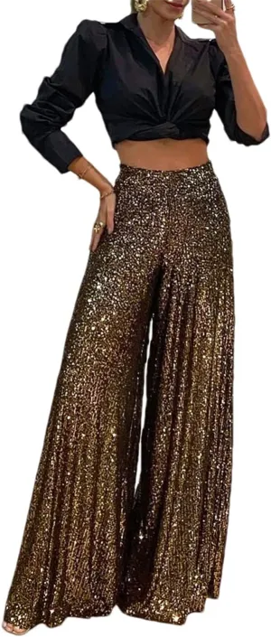 ERFMFKL Women's Sequin Wide Leg Pants High Waist Street Party Trousers