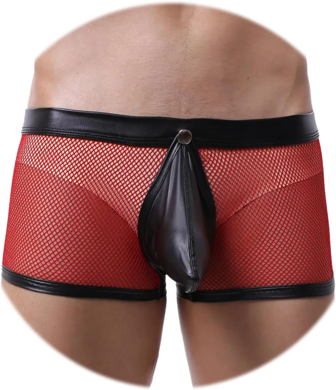 Evankin Men's See Through Sexy Mesh With Faux Leather Loose Shorts Pants Erotic Clubwear Button Removable Pouch