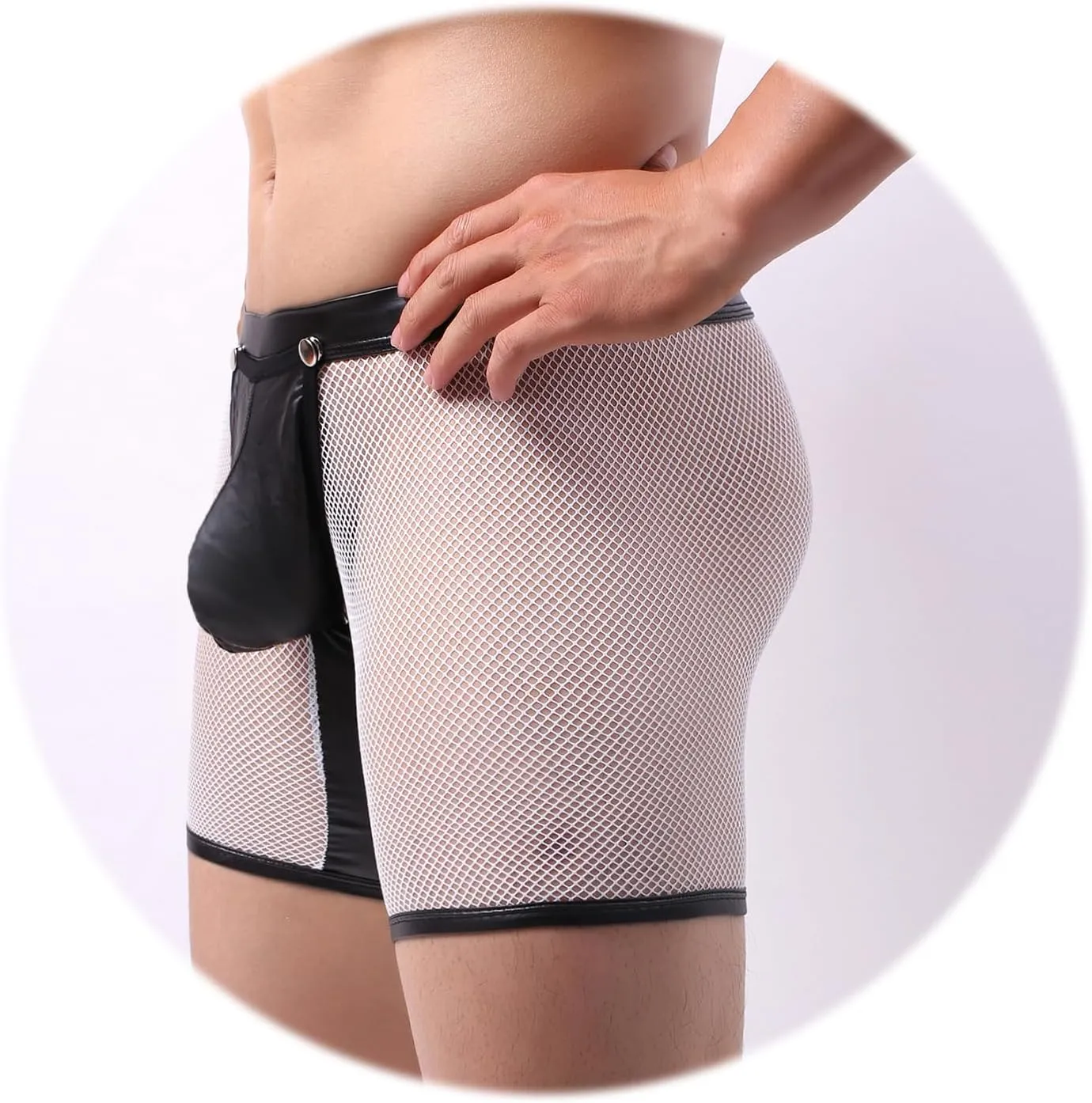 Evankin Men's See Through Sexy Mesh With Faux Leather Loose Shorts Pants Erotic Clubwear Button Removable Pouch