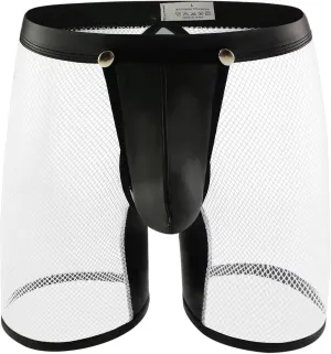 Evankin Men's See Through Sexy Mesh With Faux Leather Loose Shorts Pants Erotic Clubwear Button Removable Pouch