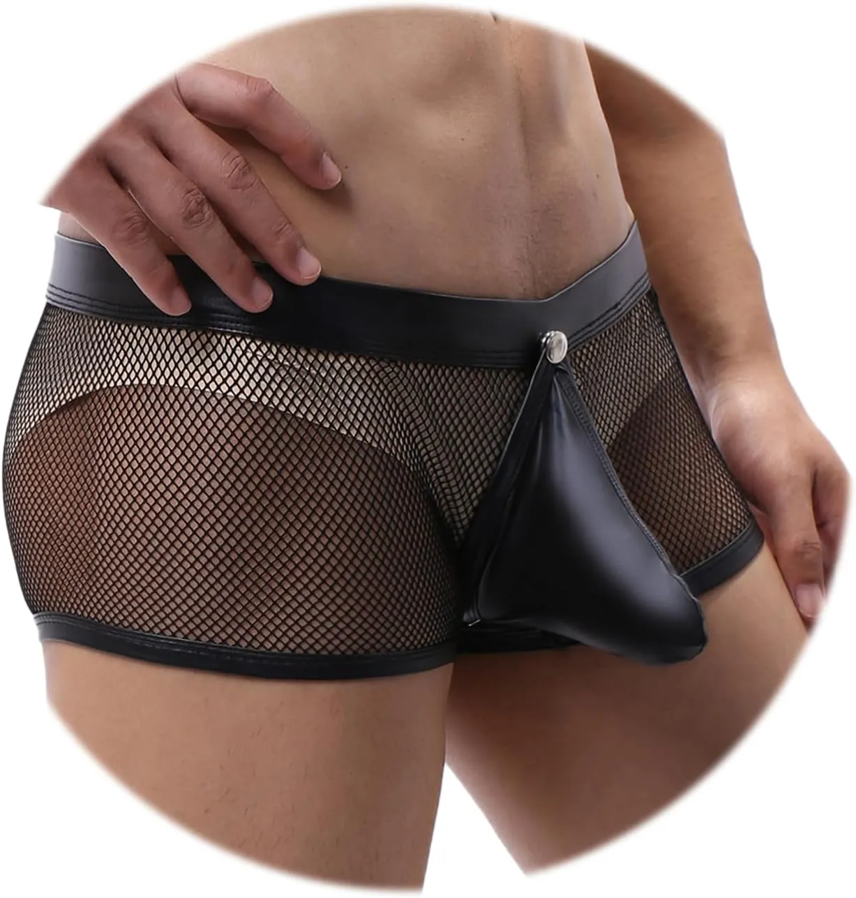 Evankin Men's See Through Sexy Mesh With Faux Leather Loose Shorts Pants Erotic Clubwear Button Removable Pouch