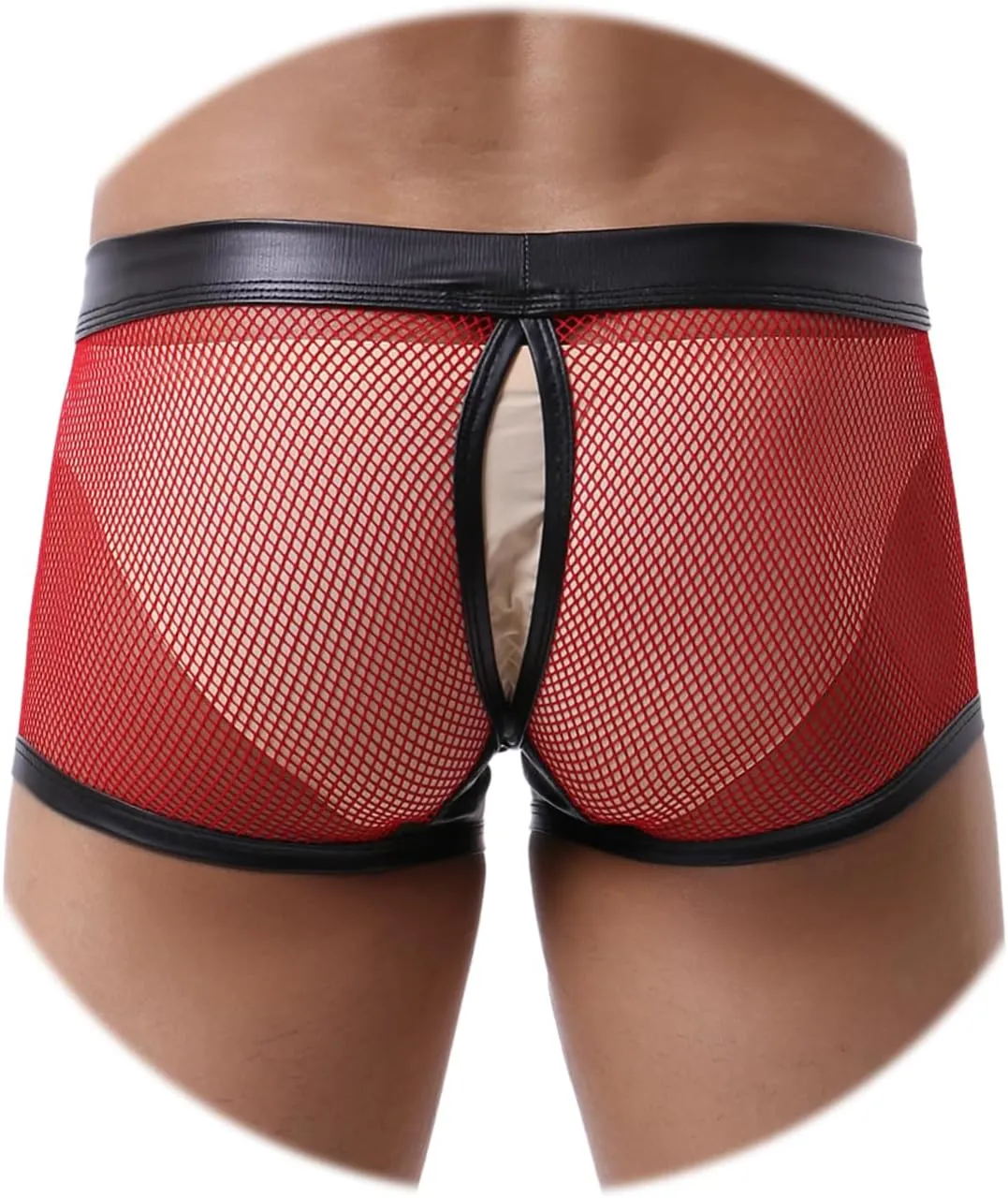 Evankin Men's See Through Sexy Mesh With Faux Leather Loose Shorts Pants Erotic Clubwear Button Removable Pouch