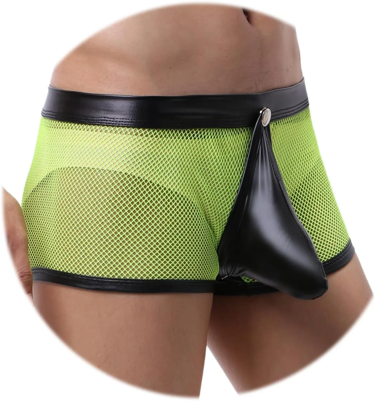 Evankin Men's See Through Sexy Mesh With Faux Leather Loose Shorts Pants Erotic Clubwear Button Removable Pouch