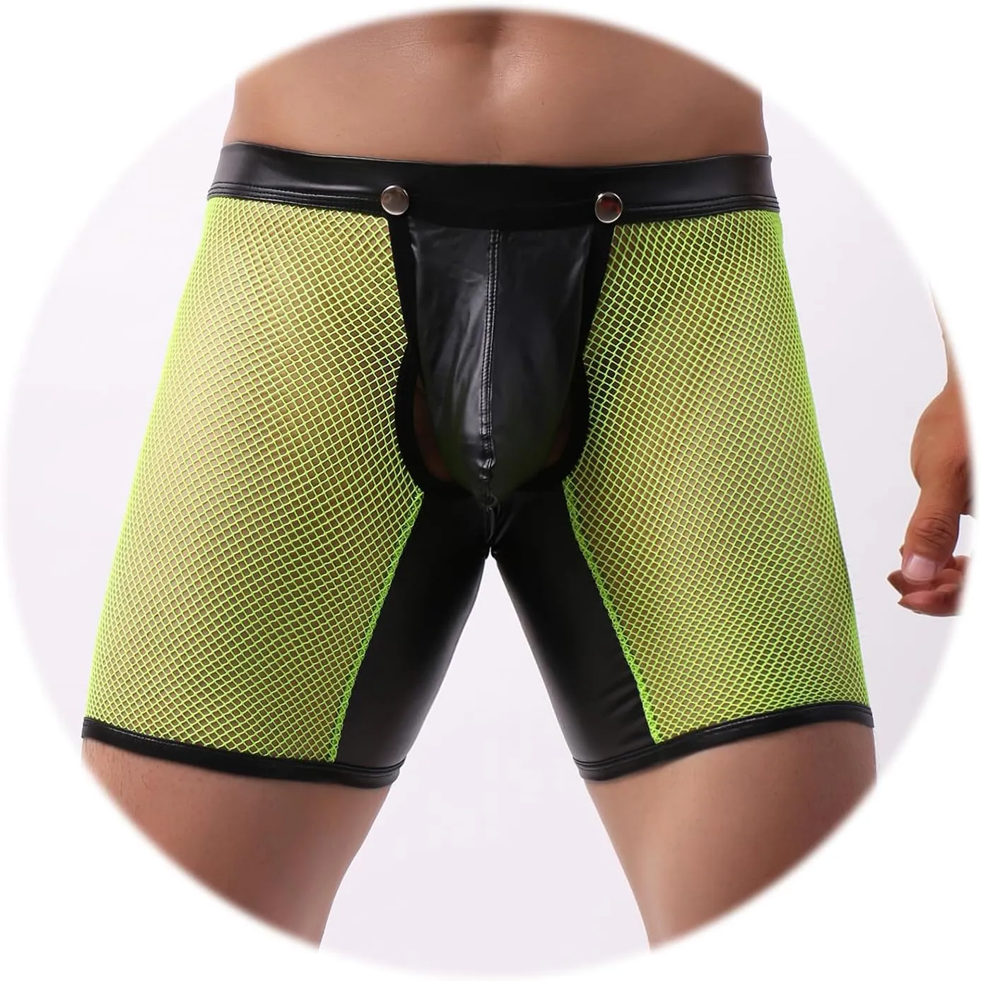Evankin Men's See Through Sexy Mesh With Faux Leather Loose Shorts Pants Erotic Clubwear Button Removable Pouch
