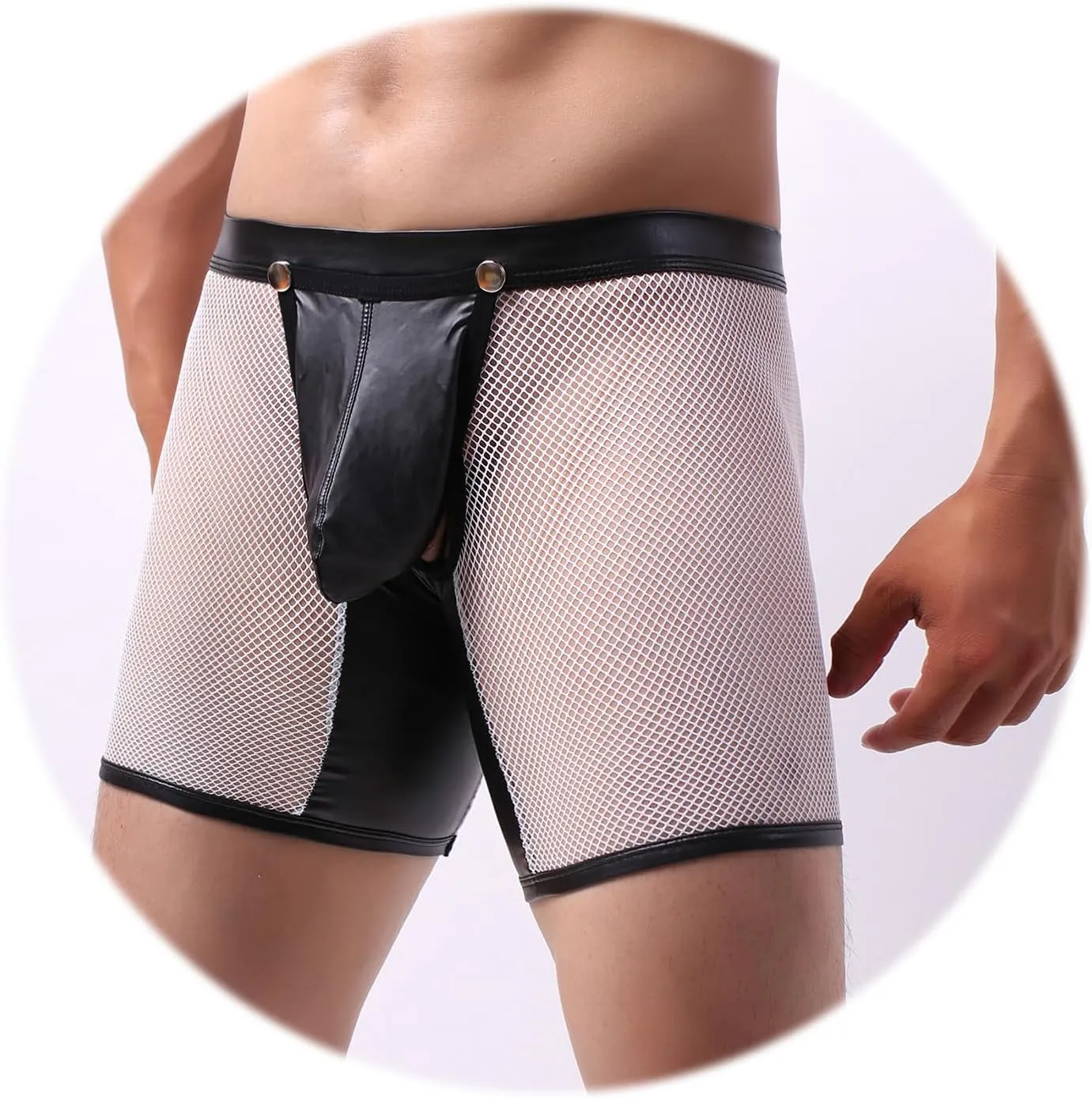 Evankin Men's See Through Sexy Mesh With Faux Leather Loose Shorts Pants Erotic Clubwear Button Removable Pouch