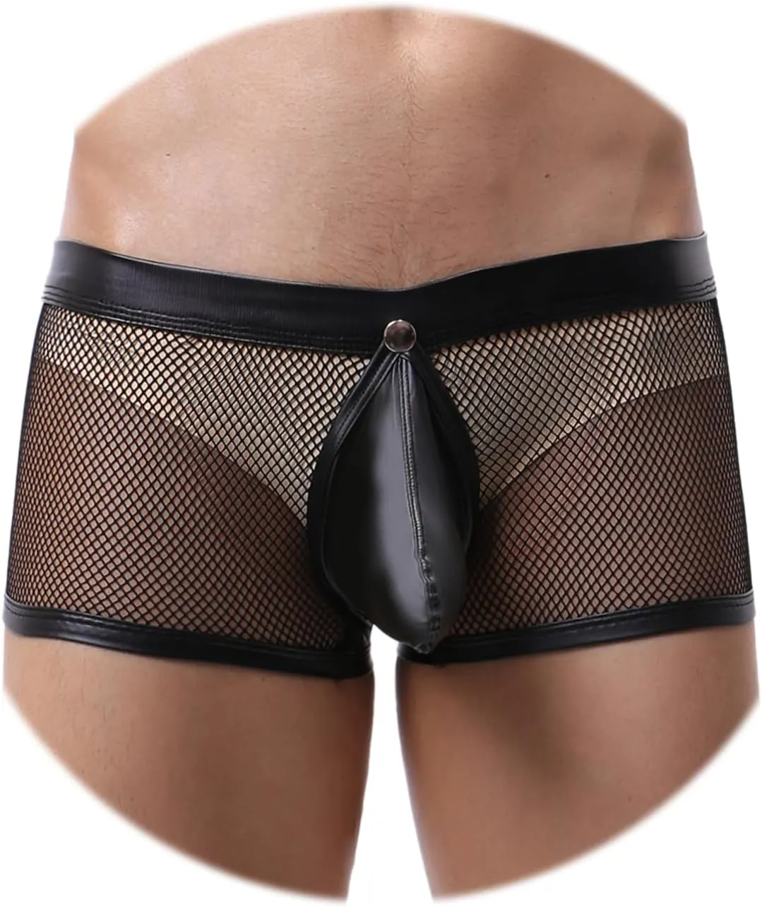 Evankin Men's See Through Sexy Mesh With Faux Leather Loose Shorts Pants Erotic Clubwear Button Removable Pouch