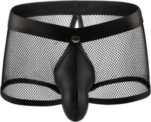 Evankin Men's See Through Sexy Mesh With Faux Leather Loose Shorts Pants Erotic Clubwear Button Removable Pouch