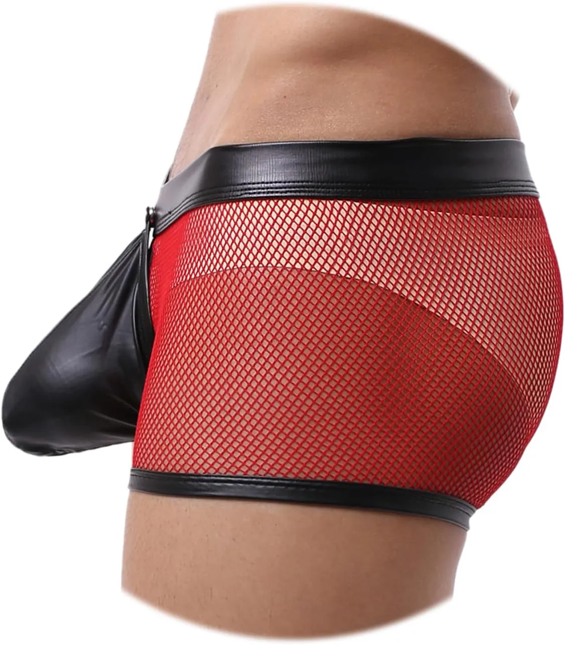 Evankin Men's See Through Sexy Mesh With Faux Leather Loose Shorts Pants Erotic Clubwear Button Removable Pouch