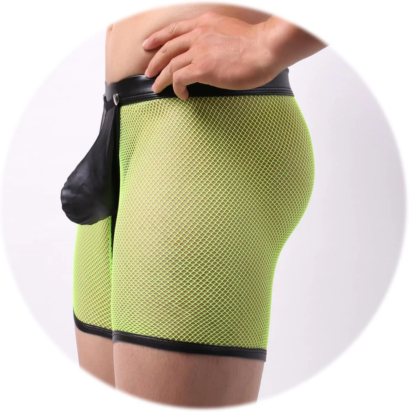 Evankin Men's See Through Sexy Mesh With Faux Leather Loose Shorts Pants Erotic Clubwear Button Removable Pouch