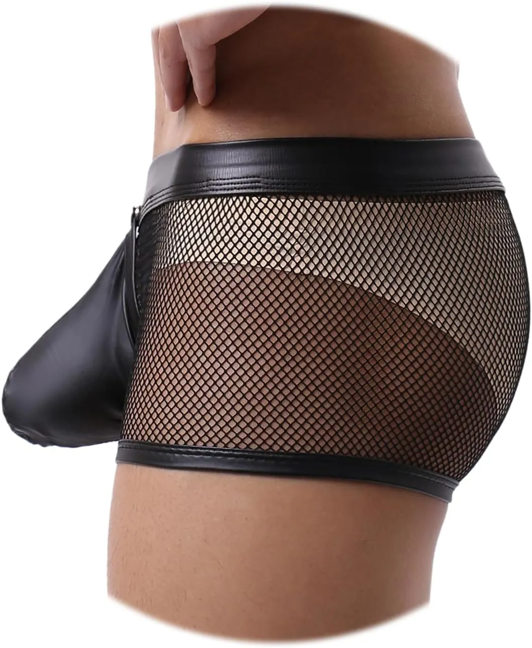 Evankin Men's See Through Sexy Mesh With Faux Leather Loose Shorts Pants Erotic Clubwear Button Removable Pouch