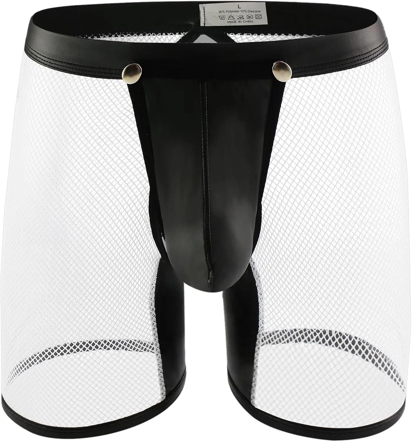 Evankin Men's See Through Sexy Mesh With Faux Leather Loose Shorts Pants Erotic Clubwear Button Removable Pouch